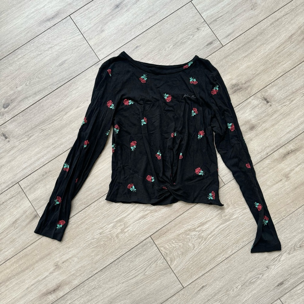 PINK victoria’s secret black long sleeve t-shirt with roses size medium